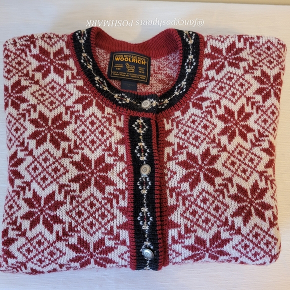 ❤️WOOLRICH classic timeless quality wool cardigan metal buttons Nordic fair isle - Picture 16 of 17
